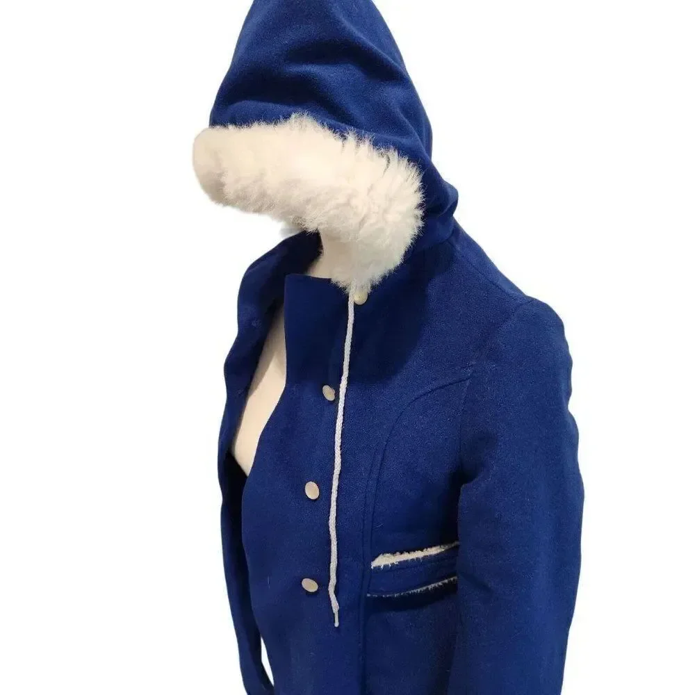 Ellerie Fashion Vintage 70s Blue Dress Coat Faux Fur Hood Girls M